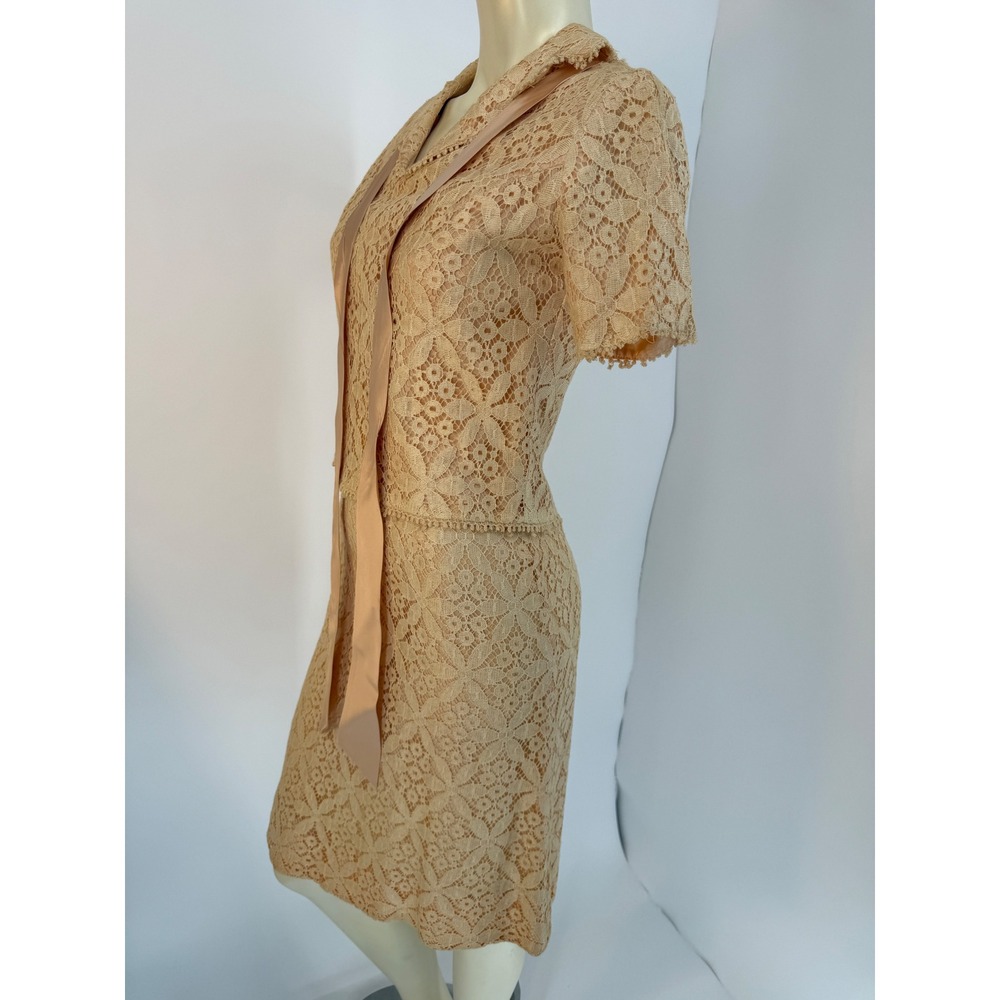 Vintage 1950s Lace Cocktail Dress Set Jacket Pink Acetate Sheath Green Zipper 11
